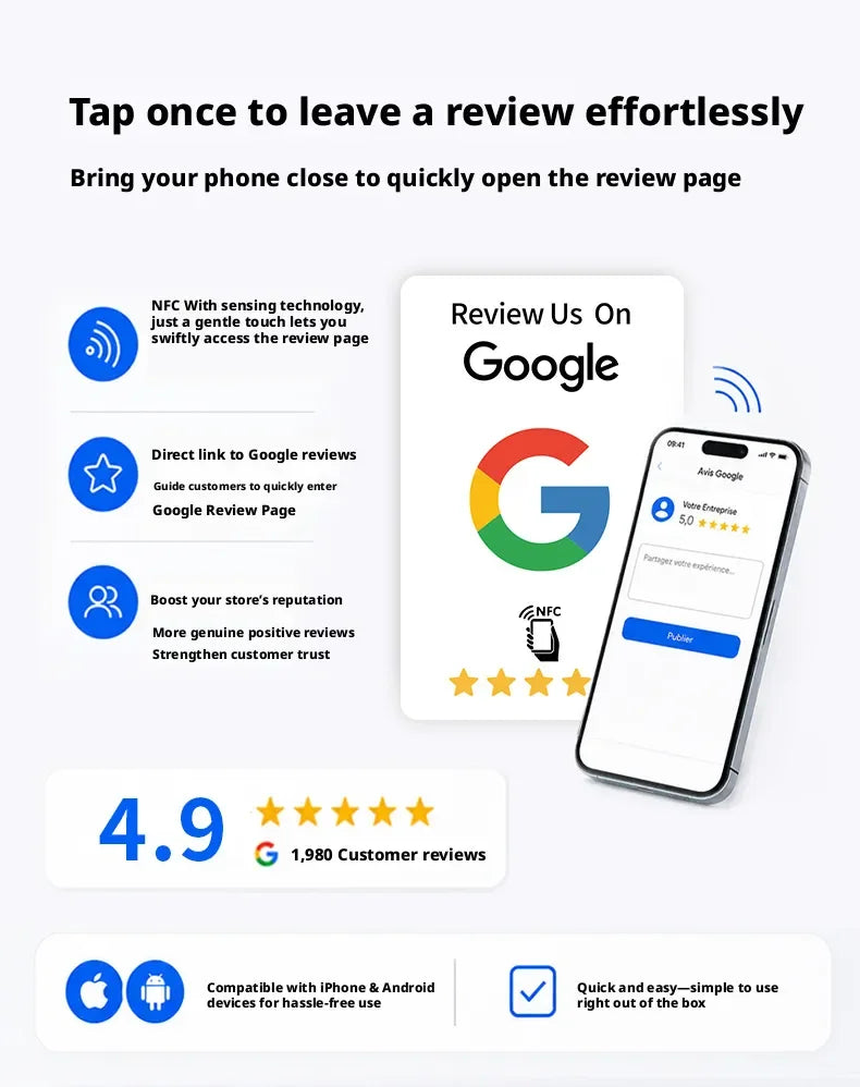 Carte NFC noire de qualité supérieure, résistante à l'usure, finition mate, réutilisable, Google Review Tap, programmable, conviviale pour l'utilisateur, 100 pièces